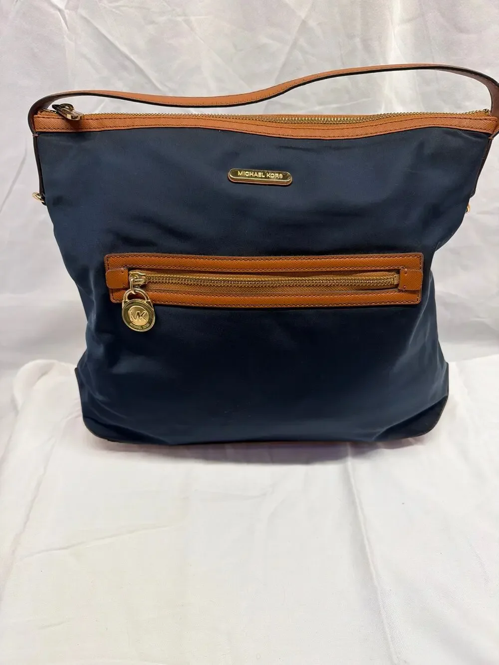 Michael Kors Navy Blue Nylon & Tan Leather Kelsey Shoulder Hobo Bag